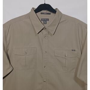 Eddie Bauer XXL Khaki Button Up Fishing Hiking Camp Tech Shirt Short Sleeve